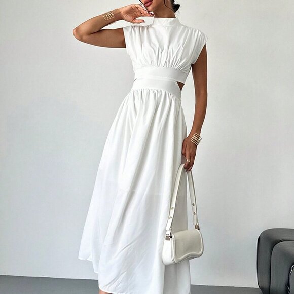 White Elegant Women's Hollow Pocket Cinched Waist Casual Midi Dress